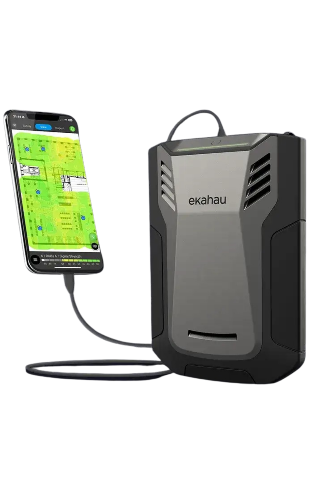 Ekahau Sidekick 2 conectado por cable a un smartphone que muestra un mapa de calor de cobertura Wi-Fi con intensidad de señal en un plano de oficina, sobre fondo oscuro.